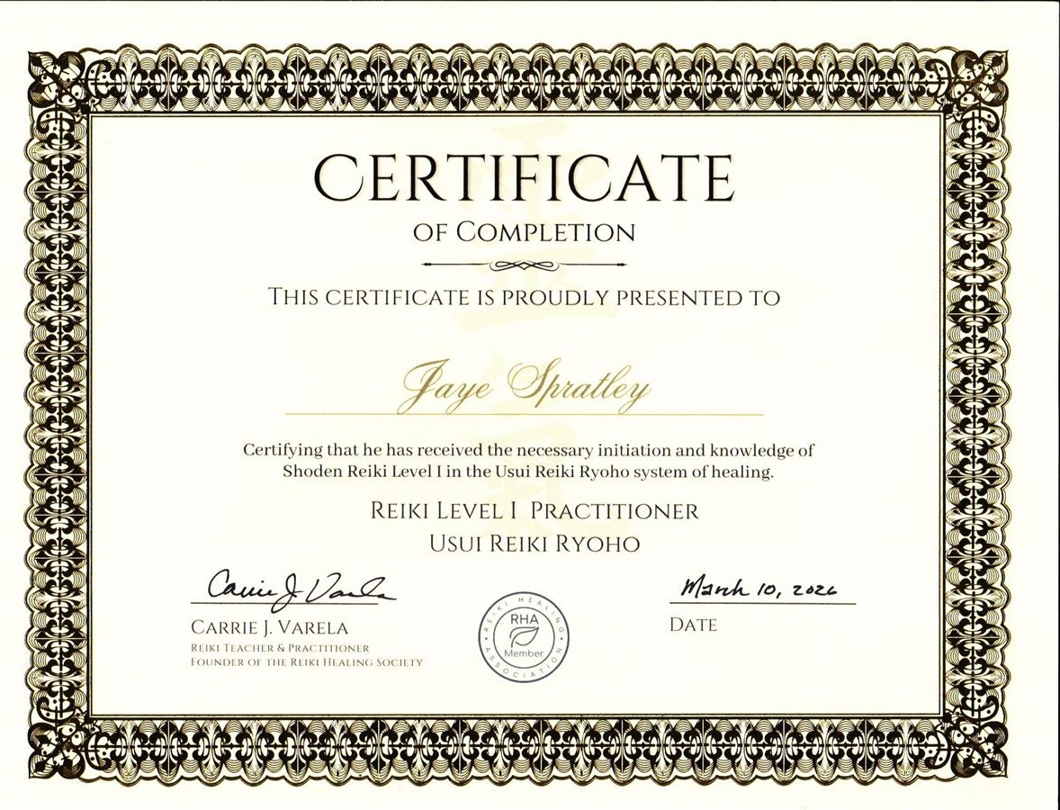 Reiki Level I Certificate — Jaye Spratley