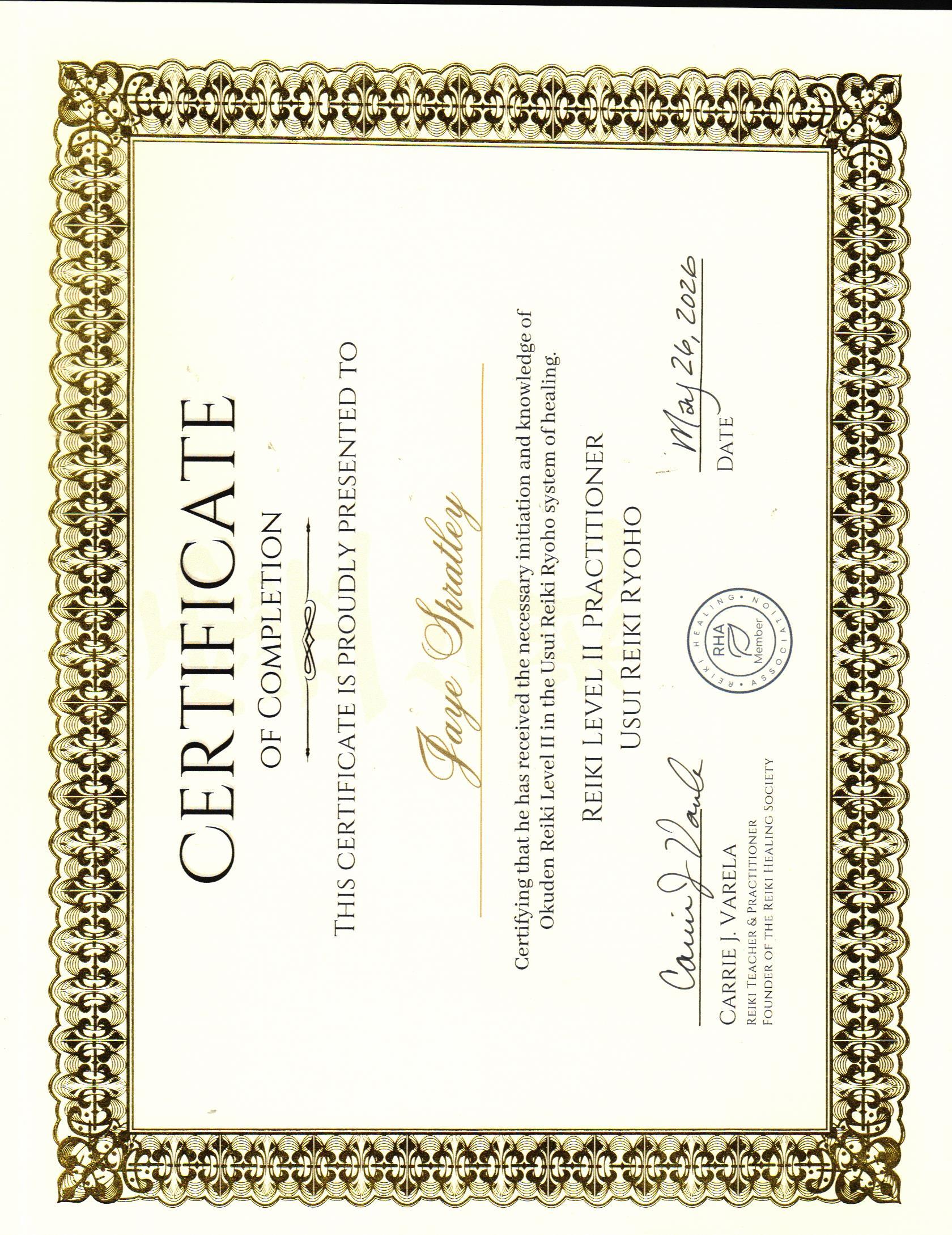 Reiki Level II Certificate — Jaye Spratley