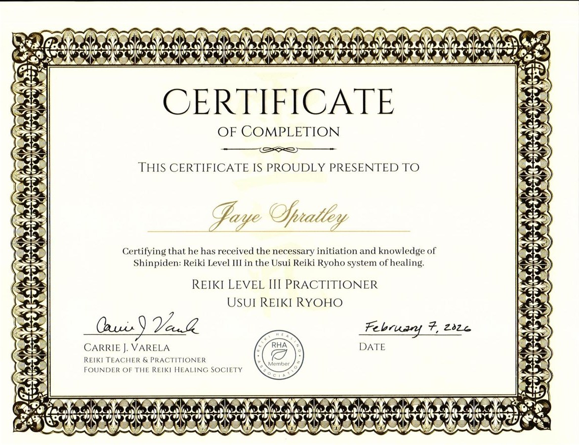 Reiki Master/Teacher Certificate — Jaye Spratley